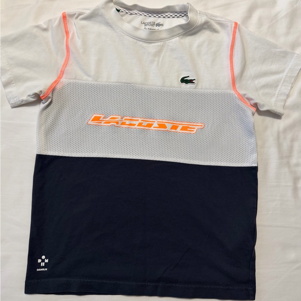 Lacoste Kids' White and Navy Tee with Orange Highlights